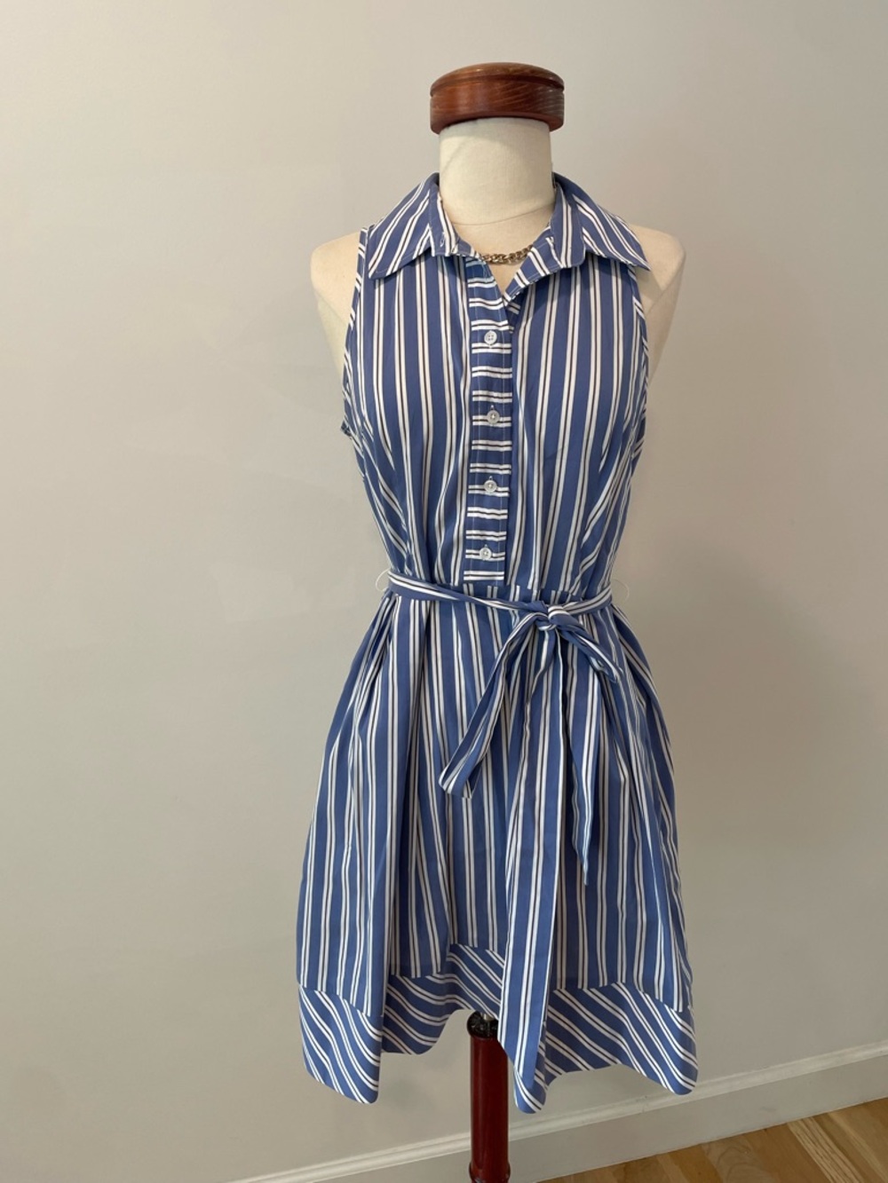 Milly Blue and White Striped Sleeveless Shirt Dress with Tie